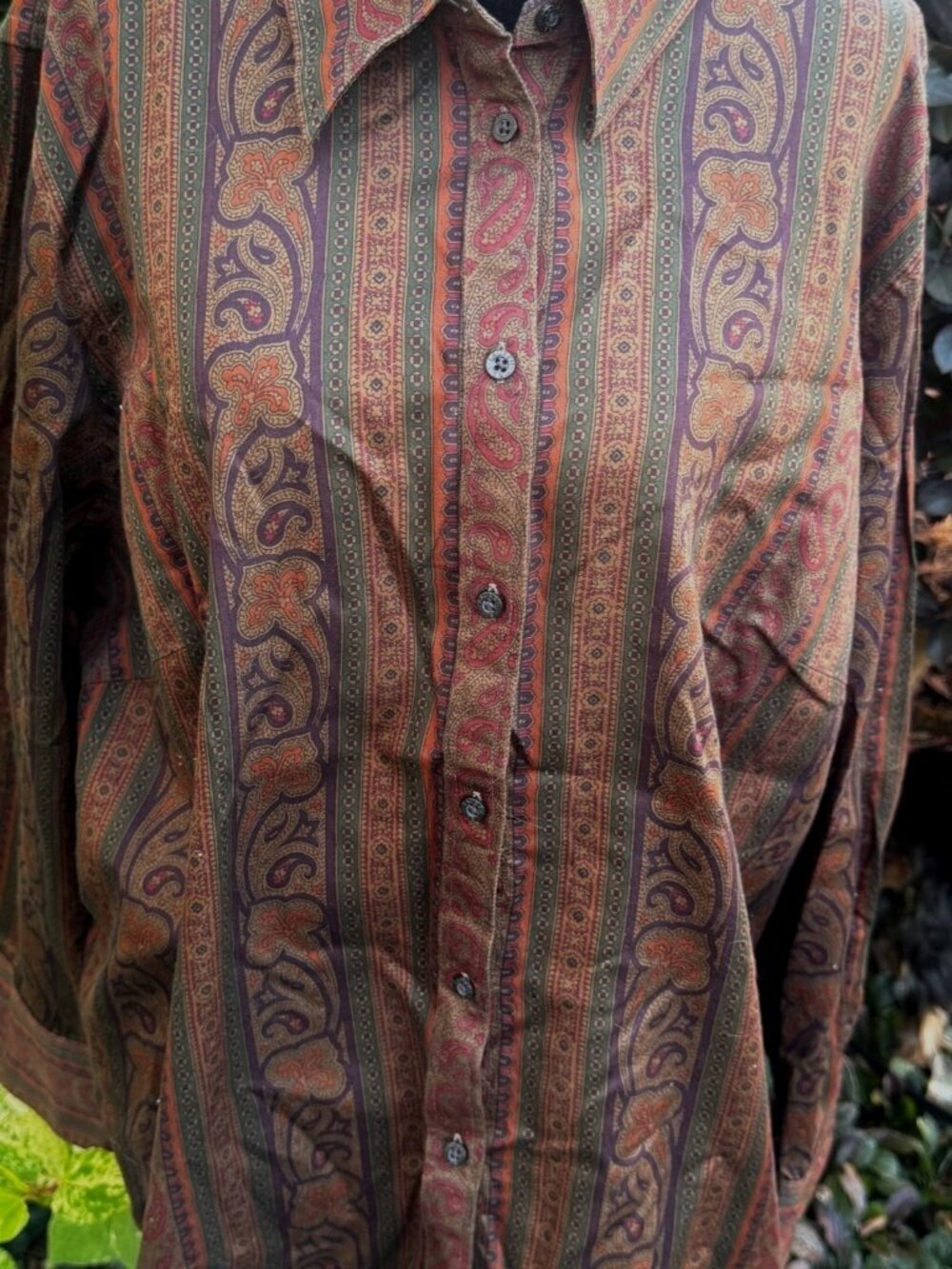 Lauren Ralph Lauren Womens 2X Paisley Stripe Button Front Shirt Brown Cotton